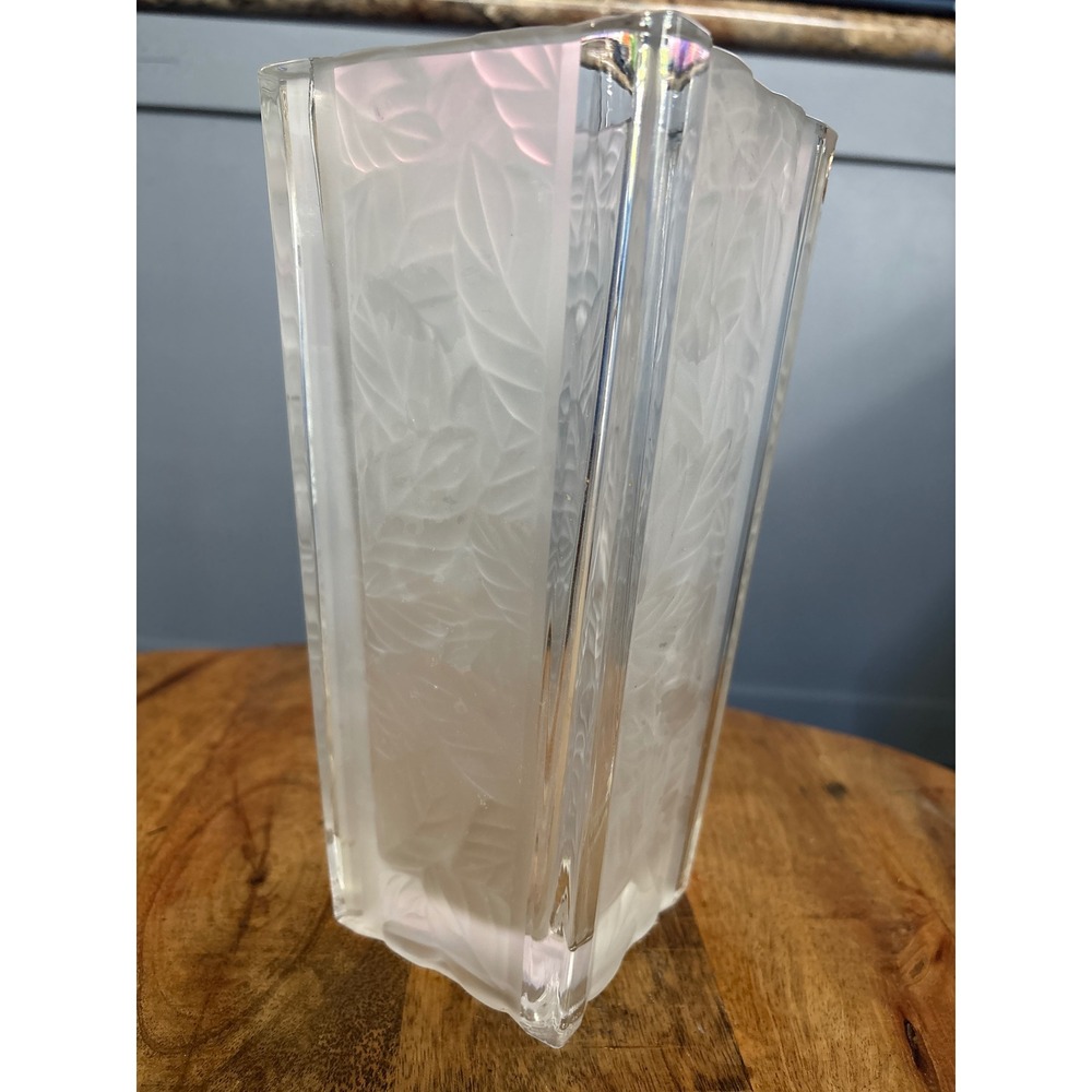 Mikasa Frosted Art Glass Square Vase Embossed Leaf Pattern Clear Corners
